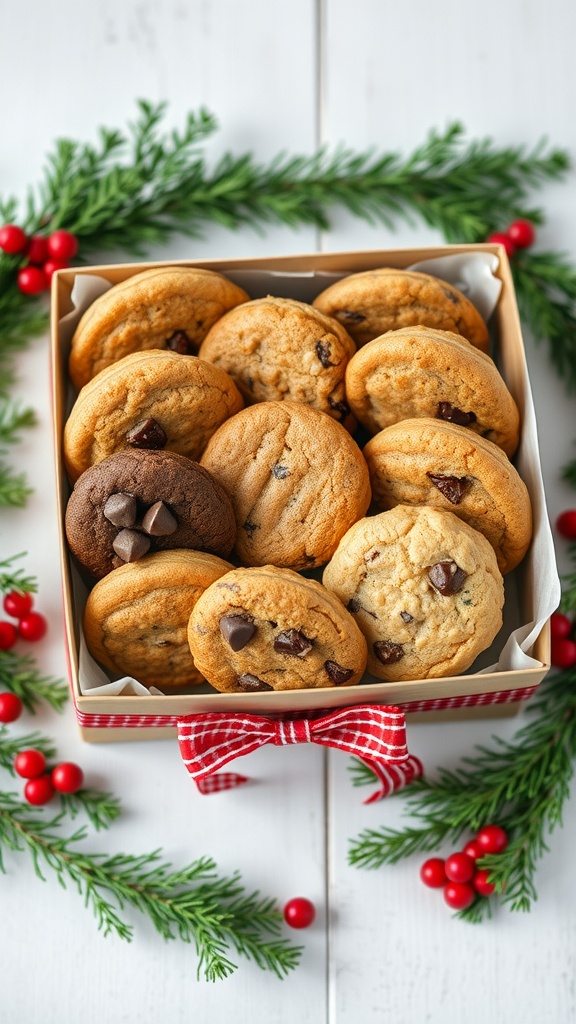 A cookie gift box filled with assorted homemade cookies, decorated with a ribbon and holiday accents.